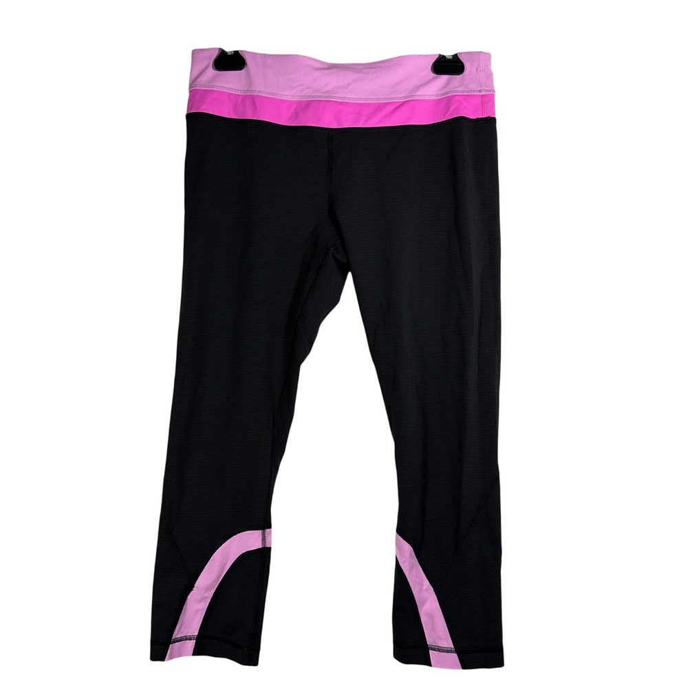 Lululemon Run‎ Inspire Crop II Black Pink Striped Leggings Womens Size 8
